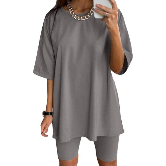 Glamaker Dresses & Skirts - Glamaker Women’s Gray 2 Piece Casual Oversized T-Shirt Tops &  Biker Shorts